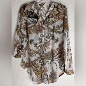 Anthropologie Fig & Flower Button Up Roll Tab Sleeve Sheer L Ivory Boho 1369